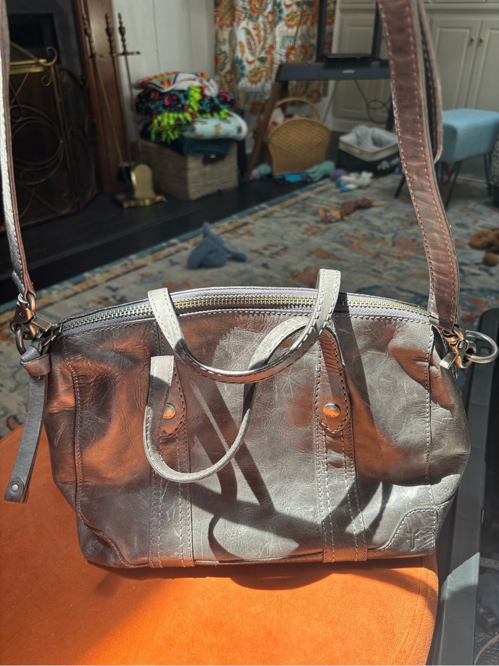 FRYE AND CO. Distressed Gray Leather Crossbody Bag
